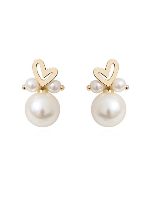 14K  gold Copper Imitation Pearl Heart Minimalist Stud Trend Korean Fashion Earring