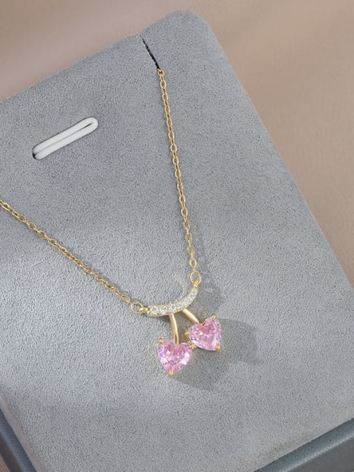 Gold XL63180 Brass Cubic Zirconia Pink Heart Dainty Necklace