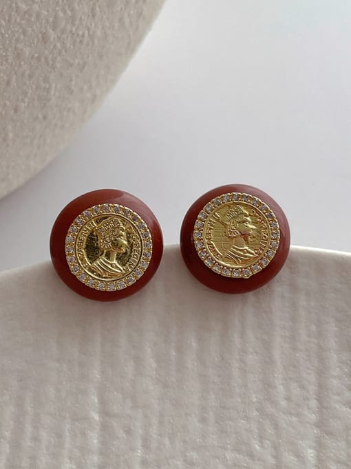 Q127 brownish red Brass Cubic Zirconia Enamel Round Vintage Stud Earring