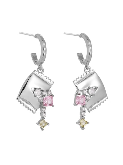 Platinum Brass Cubic Zirconia Pink Geometric Dainty Stud Earring