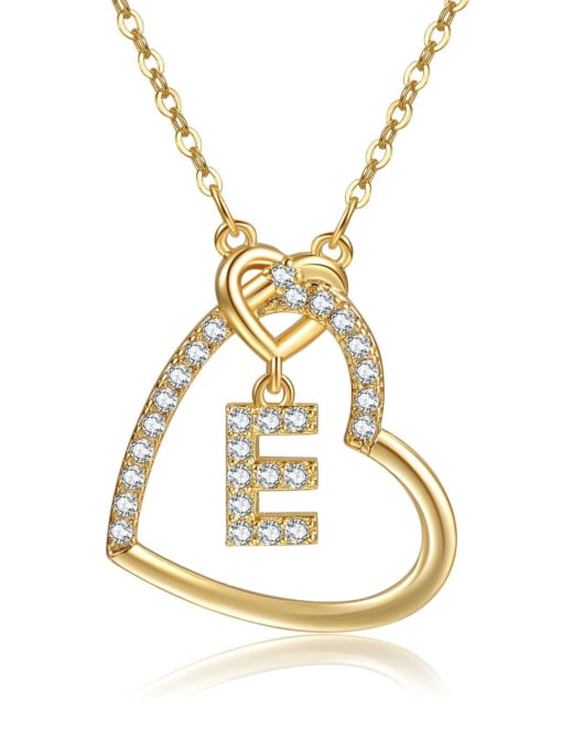 E Gold Brass Cubic Zirconia Heart Minimalist  Letter Pendant Necklace
