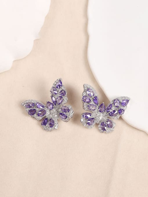 purple Brass Cubic Zirconia Butterfly Luxury Cluster Earring