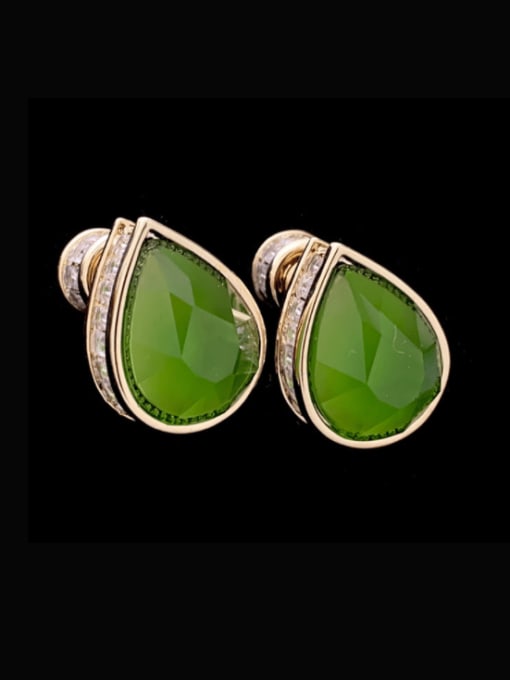 green Brass Cubic Zirconia Water Drop Vintage Stud Earring
