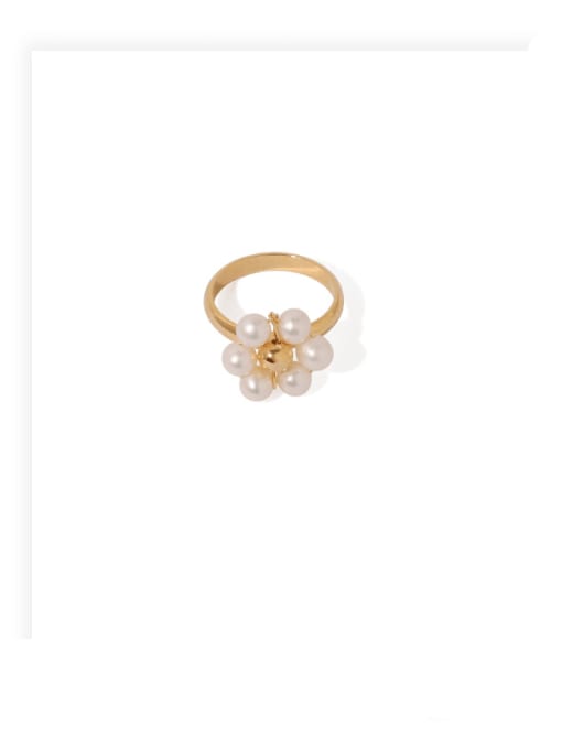 golden Brass Imitation Pearl Flower Minimalist Band Ring