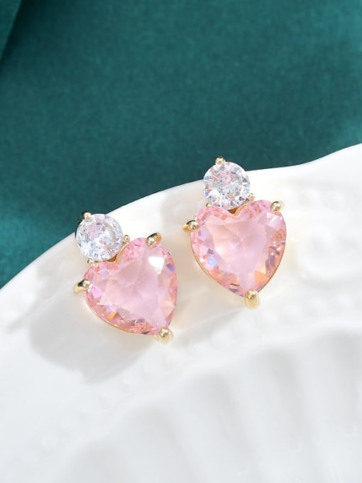 Gold Pink ED66343 Brass Cubic Zirconia Pink Heart Dainty Stud Earring