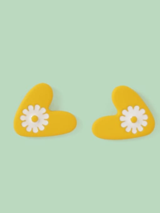 White flowers on yellow background Alloy Enamel Heart Cute Stud Earring