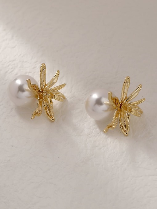 14k Gold Brass Imitation Pearl Flower Vintage Stud Trend Korean Fashion Earring