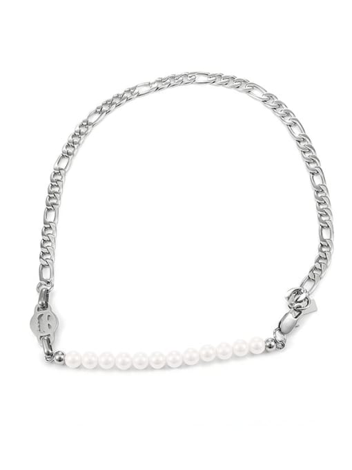 TINGS Titanium Steel Imitation Pearl Geometric Vintage Asymmetric chain  Necklace