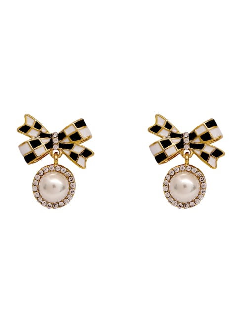 14k Gold Brass Imitation Pearl Enamel Bowknot Vintage Stud Earring