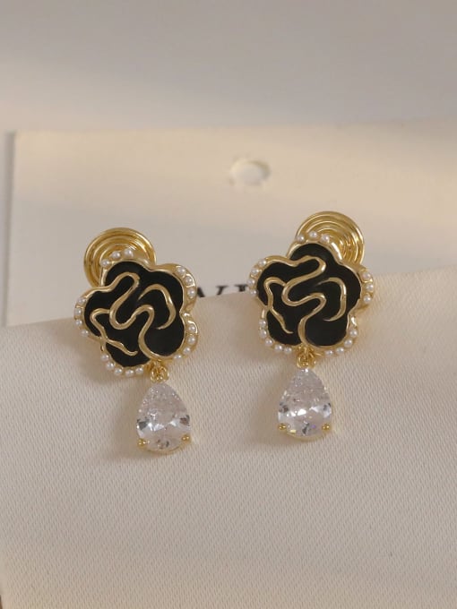 Light gold matte black ear clip Brass Enamel Water Drop Minimalist Drop Earring