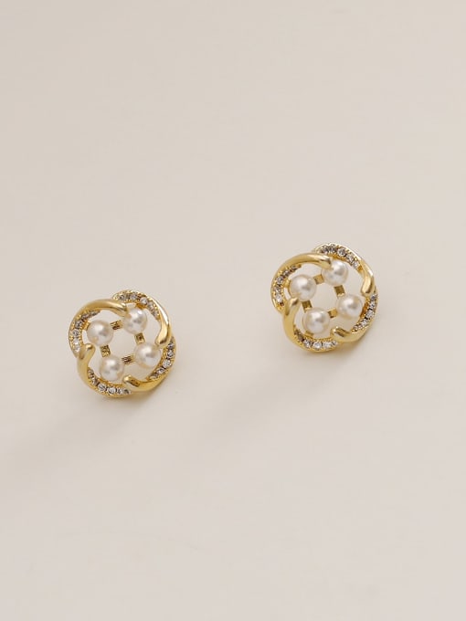14k Gold Brass Imitation Pearl Geometric Vintage Stud Trend Korean Fashion Earring
