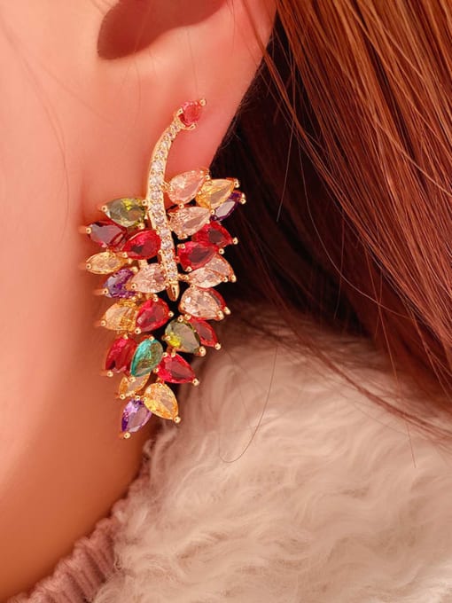 OUOU Brass Cubic Zirconia Leaf Luxury Chandelier Earring 1