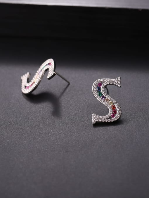 S Brass Cubic Zirconia Letter Minimalist Stud Earring