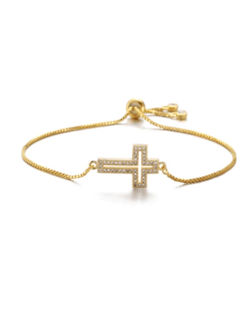 golden Brass Cubic Zirconia Hollow Cross Minimalist Adjustable Bracelet