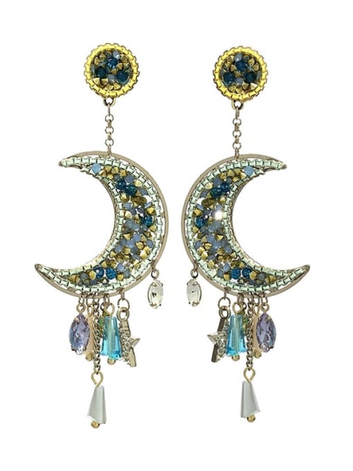 blue Brass Cubic Zirconia Moon Tassel Vintage Cluster Earring