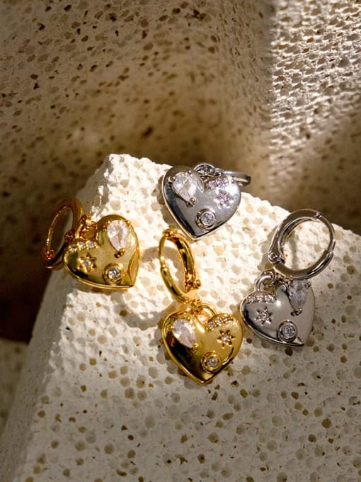Two piece set Brass Rhinestone Heart Minimalist Huggie Earring