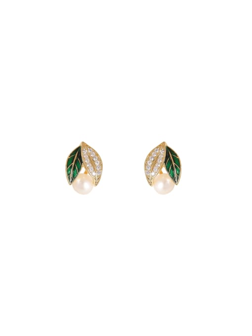 HYACINTH Brass Freshwater Pearl Leaf Dainty Stud Earring 0