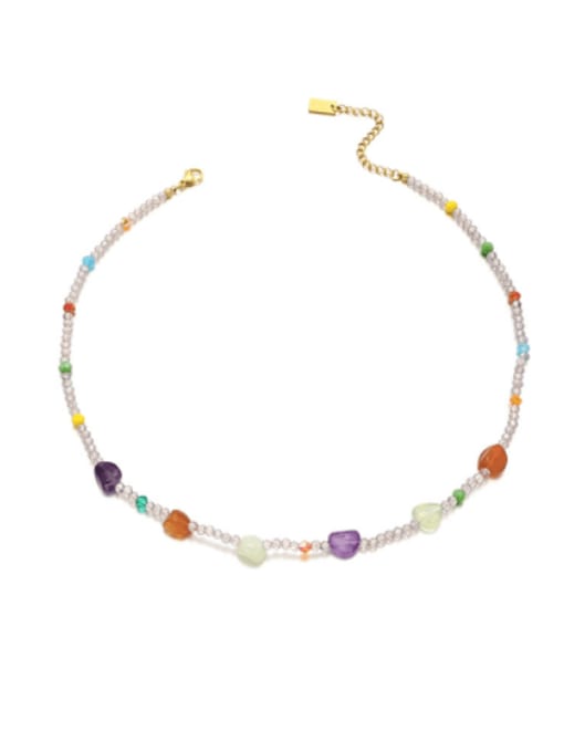 Colorful beaded necklace Titanium Steel Natural Stone Round Bead Hip Hop Beaded Necklace