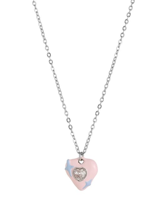 Pink Brass Cubic Zirconia Enamel Heart Trend Necklace