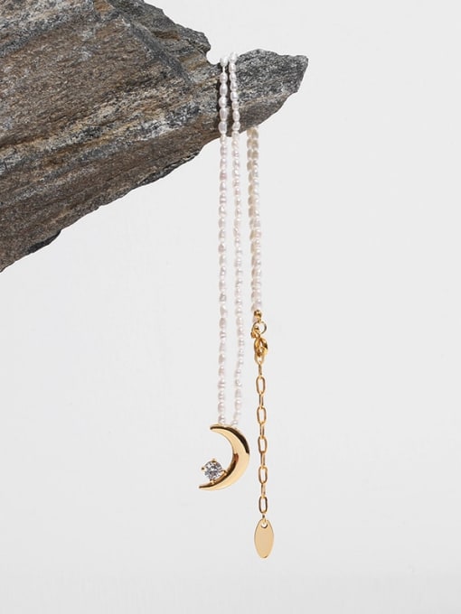TINGS Brass Freshwater Pearl Moon Artisan Pandant Necklace 0