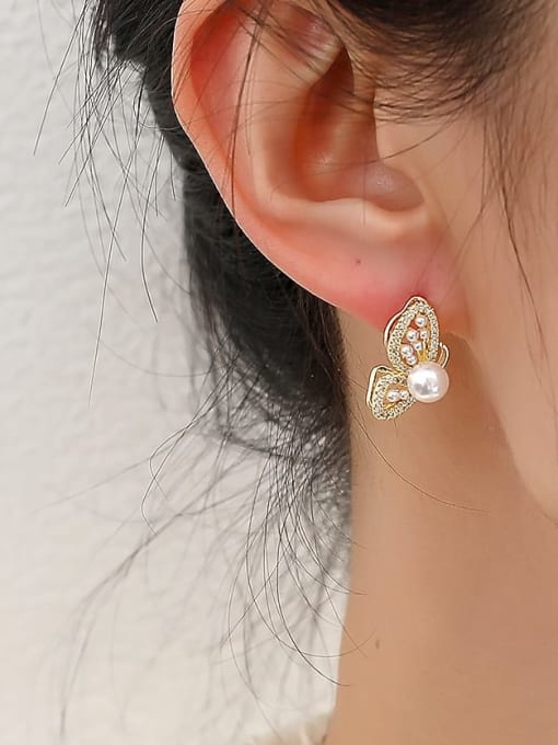HYACINTH Brass Imitation Pearl Butterfly Trend Stud Earring 1
