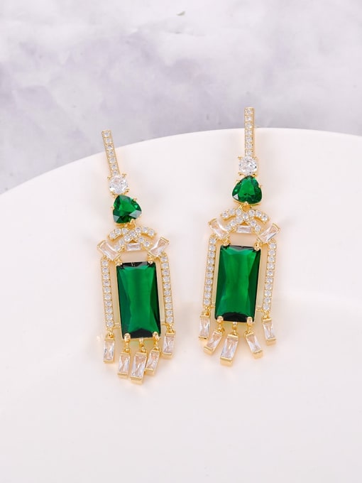 green Brass Cubic Zirconia Geometric Tassel  Luxury Cluster Earring