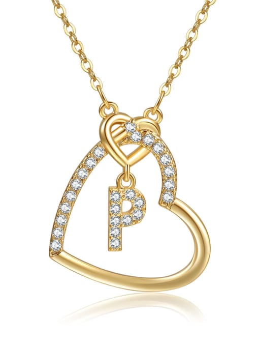 P gold Brass Cubic Zirconia Heart Minimalist  Letter Pendant Necklace