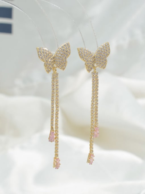 Gold E1154 Brass Cubic Zirconia Pink Tassel Dainty Threader Earring