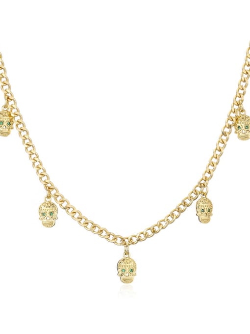 21524 Brass Cubic Zirconia Skull Vintage Hollow Chain Necklace
