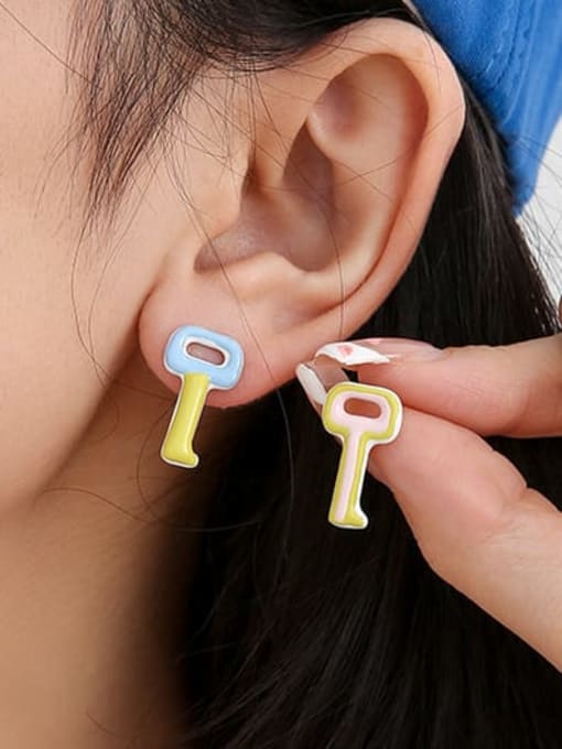 Five Color Brass Multi Color Enamel Key Minimalist Single Earring( Single-Only One) 2