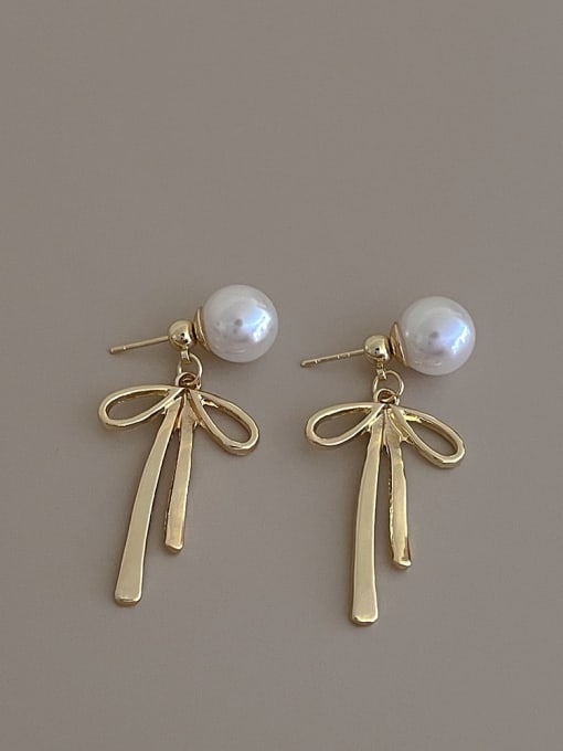 Golden pearl bow earrings Brass Imitation Pearl Butterfly Hip Hop Drop Earring