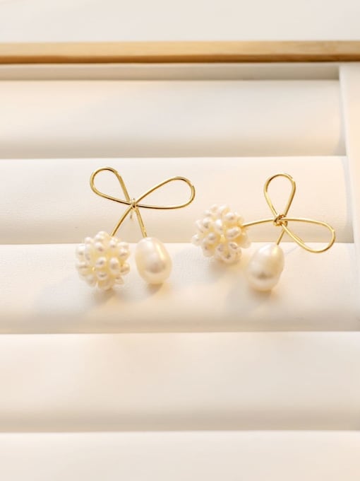 14K gold Copper Imitation Pearl Bowknot Dainty Stud Trend Korean Fashion Earring