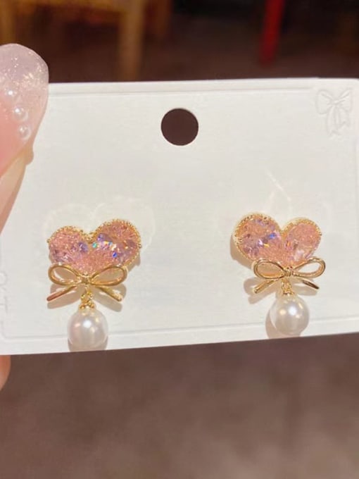 Gold pink ED66901 Brass Cubic Zirconia Heart Dainty Stud Earring