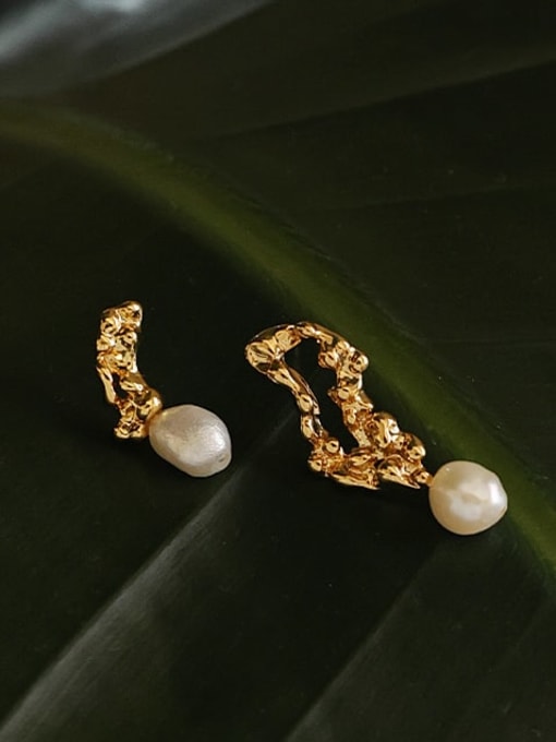 Five Color Brass Imitation Pearl asymmetrical Geometric Vintage Stud Earring 2