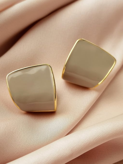 14k Gold Khaki Brass Enamel Geometric Minimalist Stud Earring