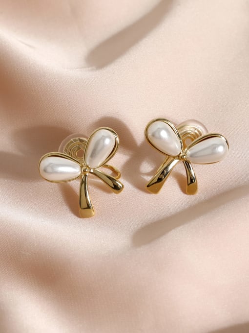 HYACINTH Brass Imitation Pearl Bowknot Minimalist Clip Earring 3