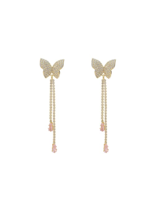 YOUH Brass Cubic Zirconia Pink Tassel Dainty Threader Earring 0