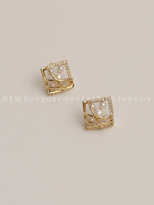 14k Gold Brass Imitation Pearl White Geometric Dainty Stud Trend Korean Fashion Earring