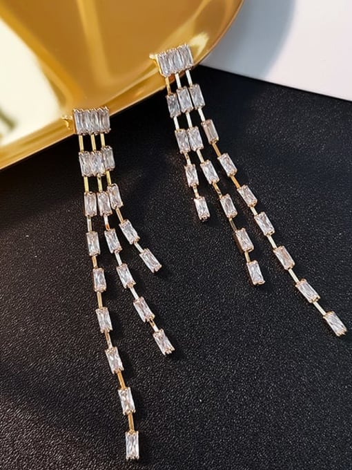 14K gold Copper Cubic Zirconia Tassel Dainty Drop Trend Korean Fashion Earring