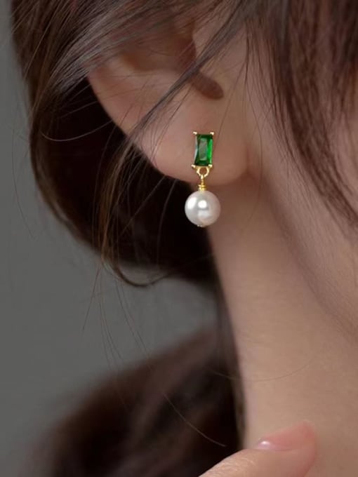 YOUH Brass Imitation Pearl Green Geometric Dainty Stud Earring 1