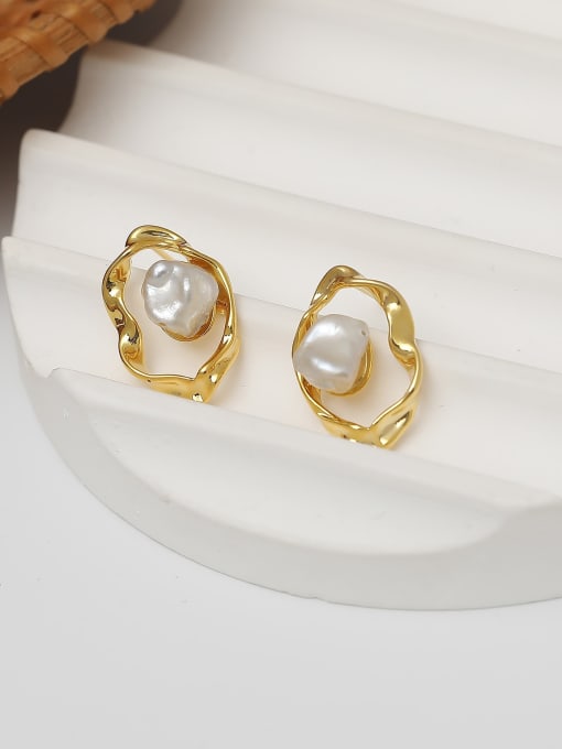 16k gold Brass Imitation Pearl Geometric Minimalist Stud Earring