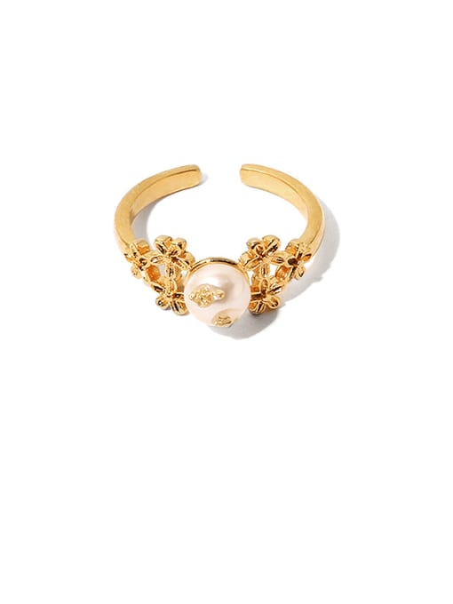 Pearl Ring Brass Imitation Pearl Flower Vintage Band Ring