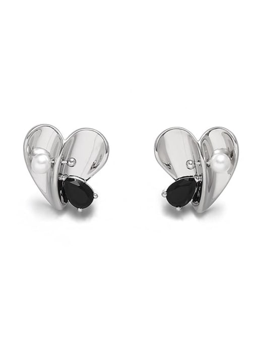 Platinum Brass Cubic Zirconia Heart Minimalist Stud Earring