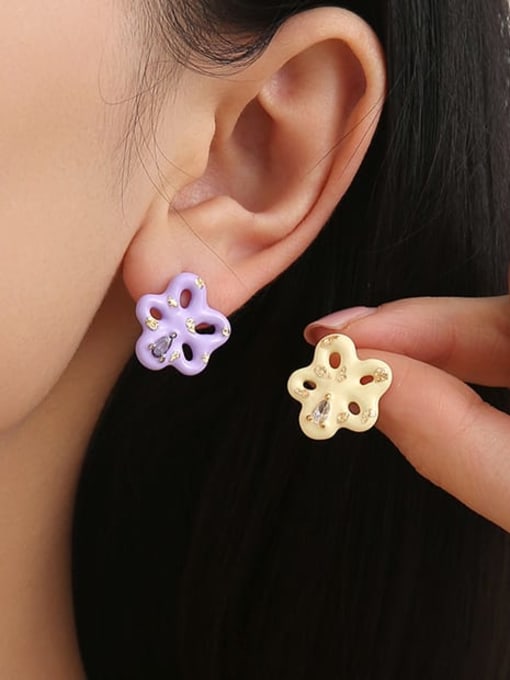 Five Color Brass Enamel Flower Cute Stud Earring 1