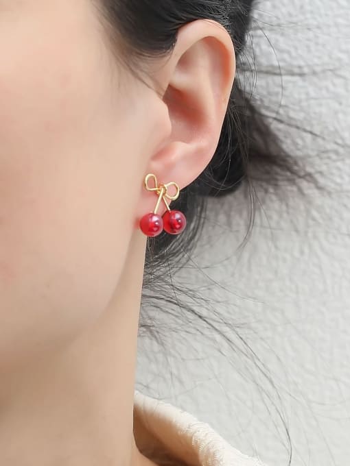 HYACINTH Brass Bead Bowknot Cute Cherry Stud Earring 1