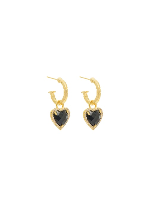 Gold E374 Brass Cubic Zirconia Black Heart Vintage Drop Earring