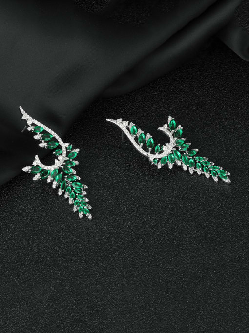 green Brass Cubic Zirconia Feather Water Drop  Luxury Cluster Earring