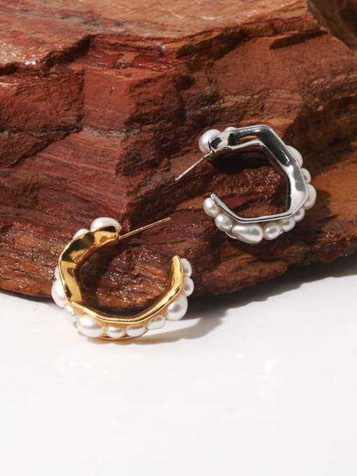 TINGS Brass Imitation Pearl Vintage  C shape Stud Earring 2