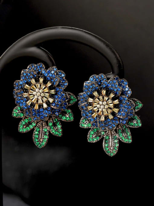 Golden Blue Green E1148 Brass Cubic Zirconia Flower Dainty Stud Earring