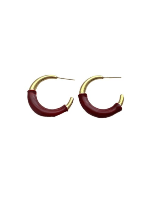 K160 Wine Red Brass Enamel Geometric Minimalist Stud Earring